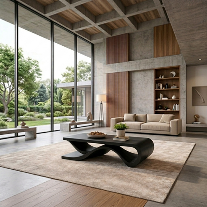 Solid Wood Coffee Table with Wave Sculptural Base – Modern Designer Living Room Table - view 4 of 9