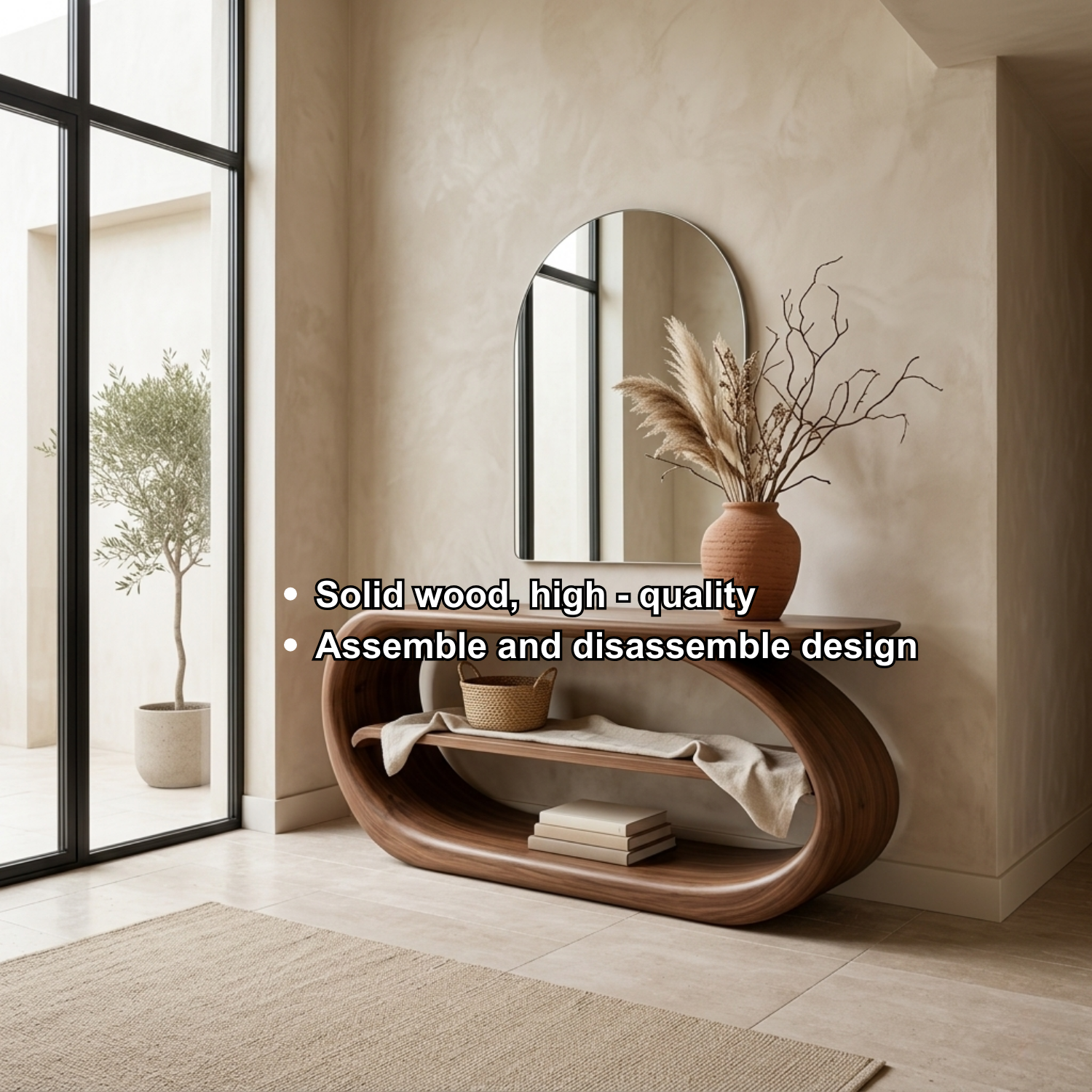 Sculptural Solid Wood Console Table with Curved Base and Shelf – Modern Entryway Table - view 6 of 7