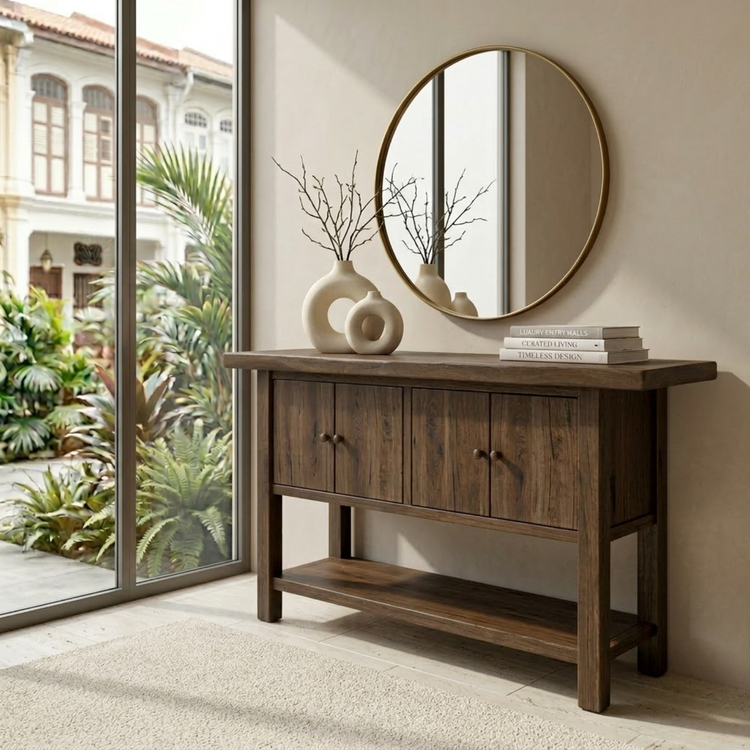 Solid Wood Console Table with Cabinet Doors and Shelf – Rustic Entryway Storage Table - view 3 of 7