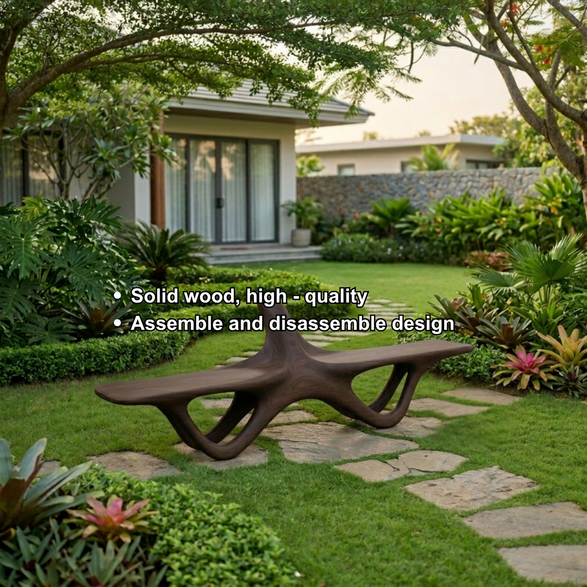 Solid Wood Outdoor Bench Sculptural Organic Form with Curved Flowing Base Design - view 6 of 7