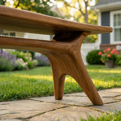 Solid Wood Outdoor Bench with Sculptural Tapered Legs and Floating Seat Design - view 2 of 8