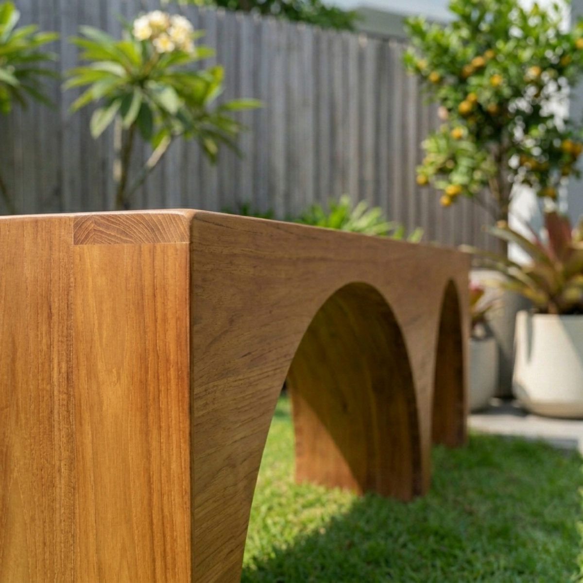 Solid Wood Outdoor Bench with Double Arch Base Minimalist Rectangular Design - view 3 of 8