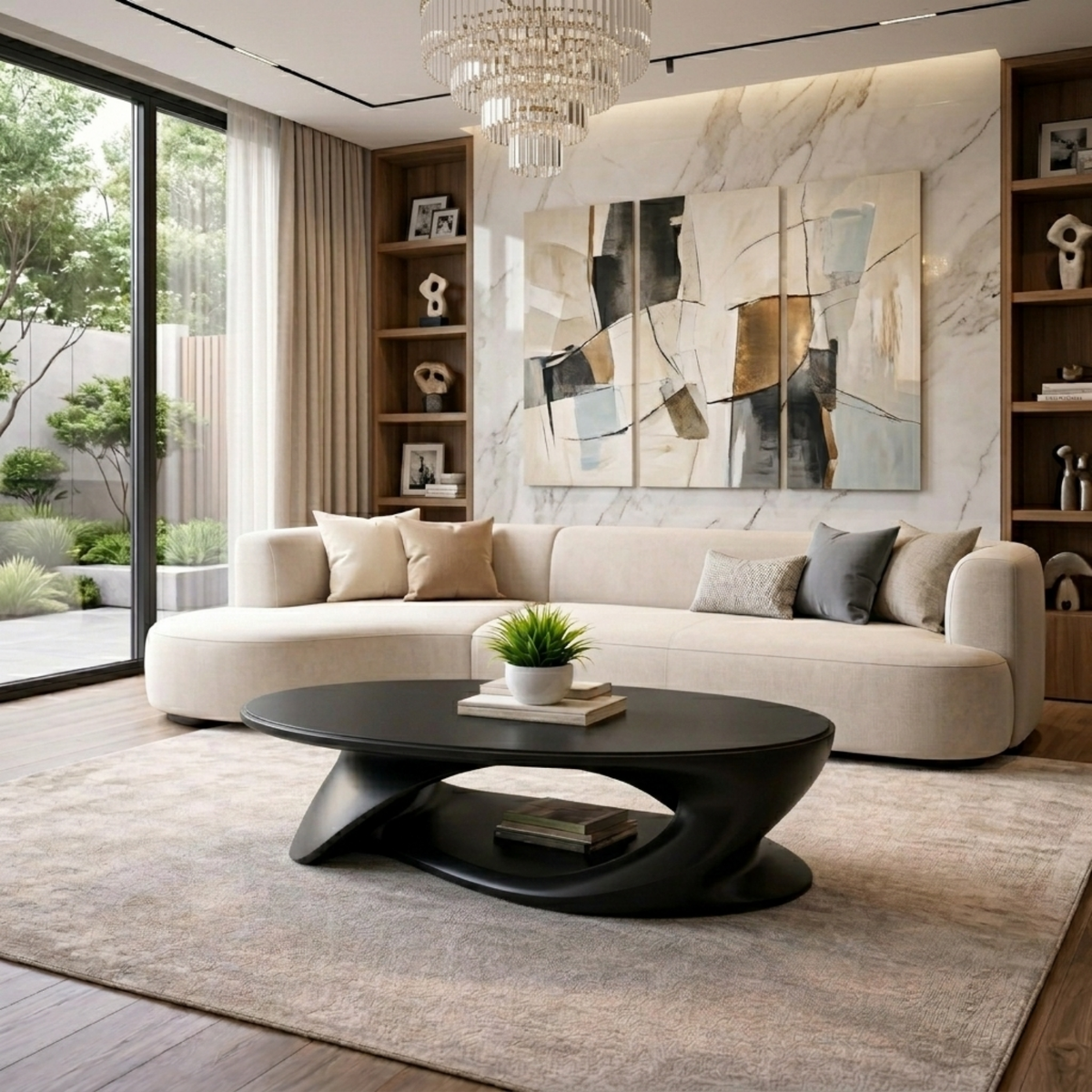 Solid Wood Oval Coffee Table with Sculptural Base – Modern Living Room Center Table - view 2 of 8