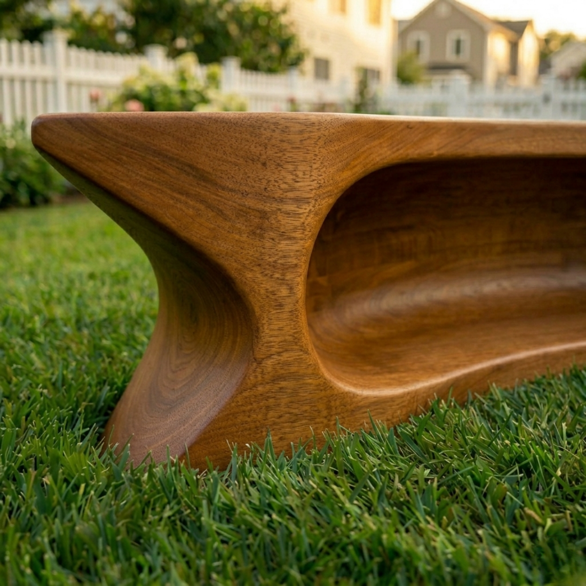 Solid Wood Outdoor Bench with Sculpted Hollow Base and Organic Curved Silhouette - view 3 of 8