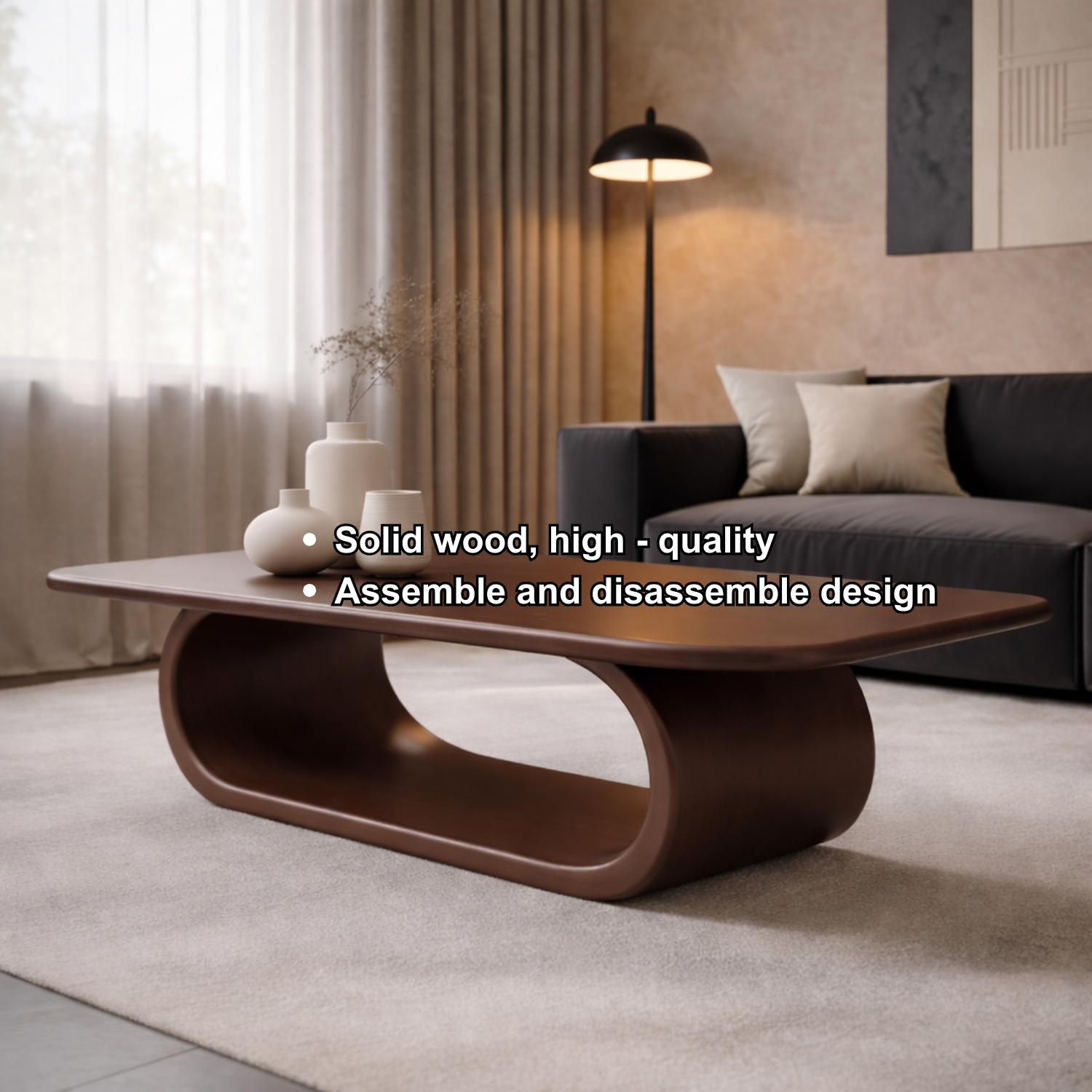 Minimalist Solid Wood Coffee Table with Sleek Curved Base – Modern Living Room Style - view 8 of 9