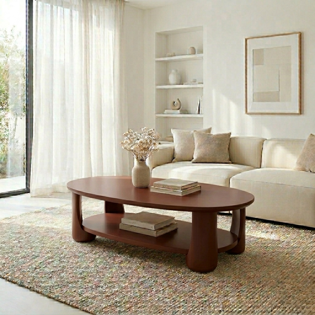 Solid Wood Oval Coffee Table with Shelf – Modern Minimalist Living Room Table - view 5 of 8