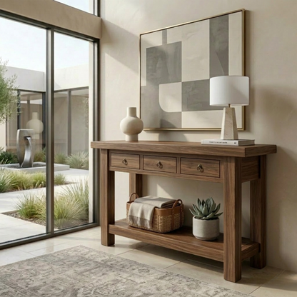 Solid Wood Console Table with Drawers and Shelf – Rustic Farmhouse Entryway Table - view 2 of 7