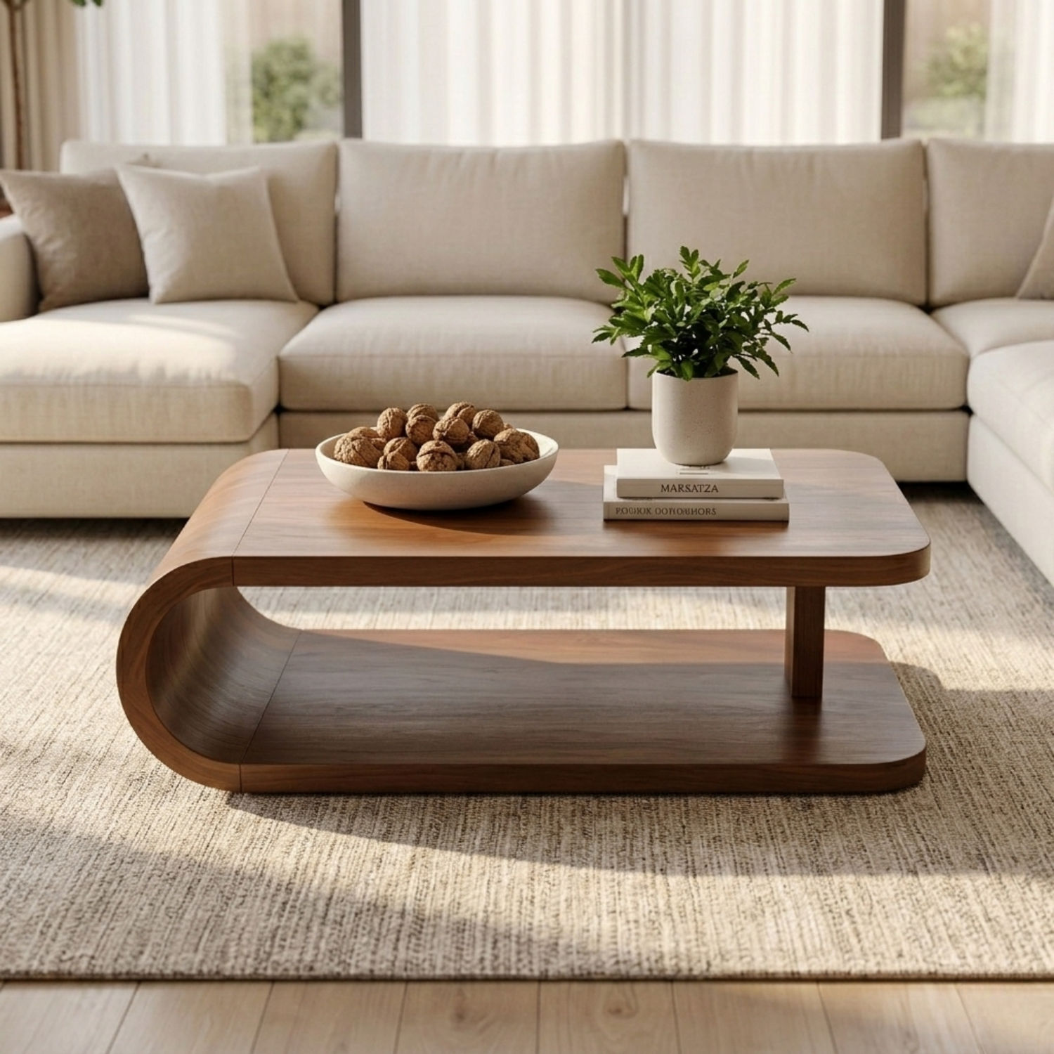 Modern Solid Wood Coffee Table with Curved Base and Storage Shelf for Living Room - view 2 of 10
