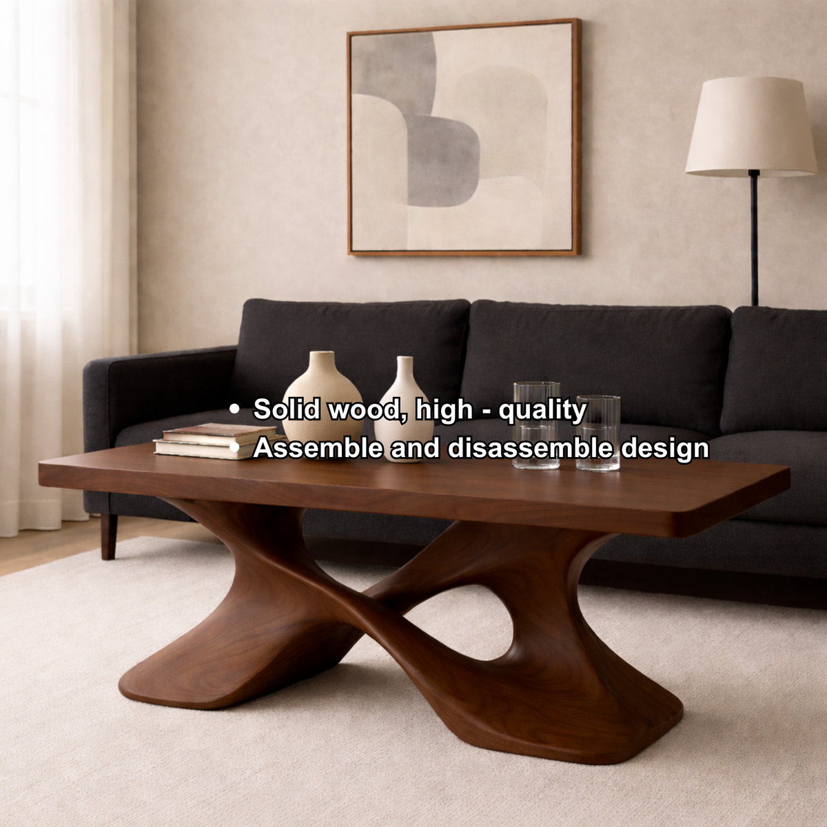 Elegant Solid Wood Coffee Table with Curved Base – Modern Living Room Decor - view 8 of 9