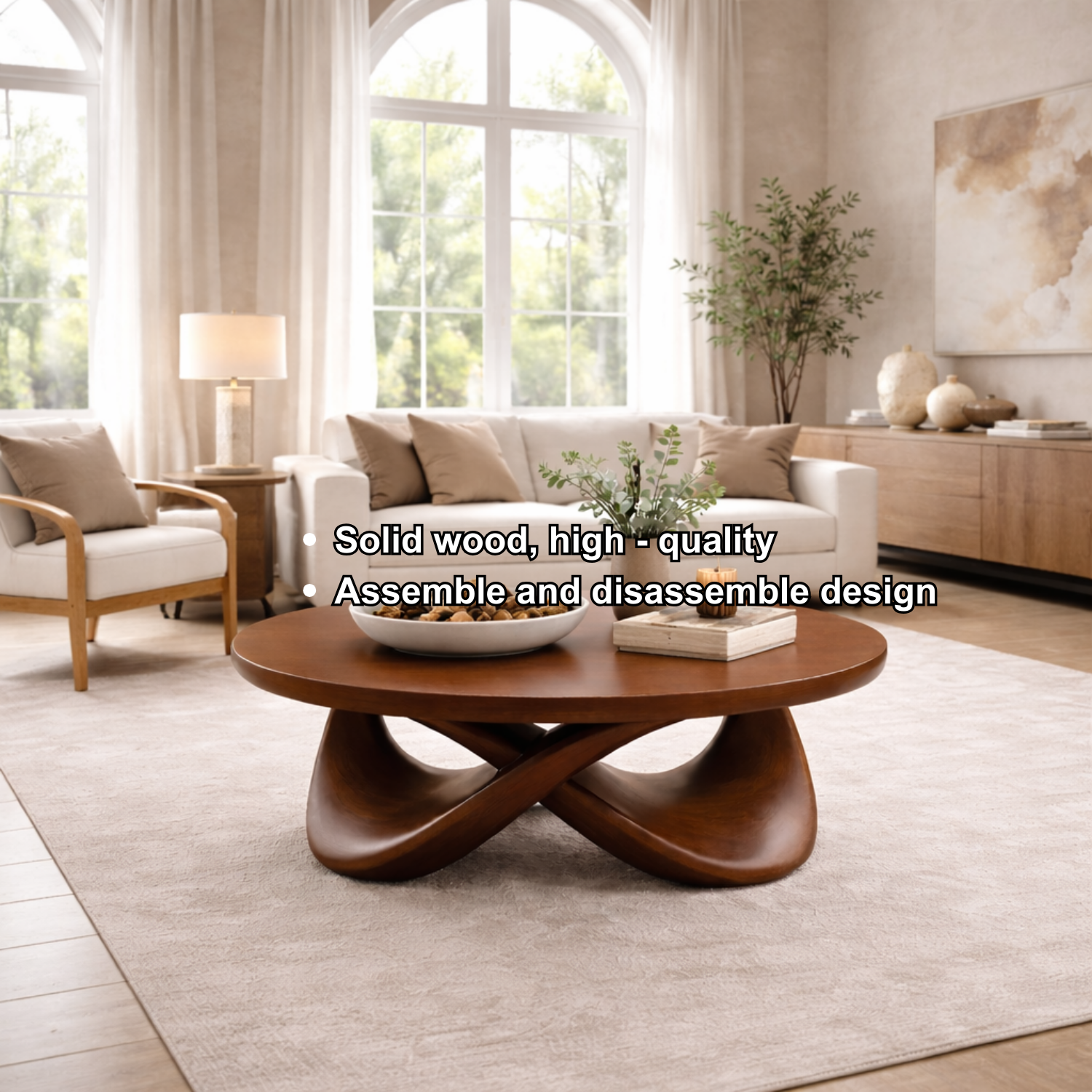 Round Solid Wood Coffee Table with Sculptural Base – Modern Designer Living Room Table - view 8 of 9