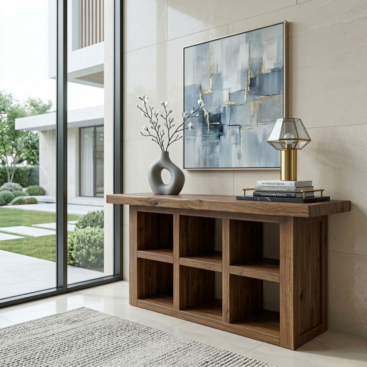 Solid Wood Console Table with Open Cubby Storage – Rustic Modern Entryway Table - view 1 of 7