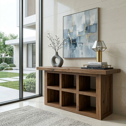 Solid Wood Console Table with Open Cubby Storage – Rustic Modern Entryway Table - view 1 of 7