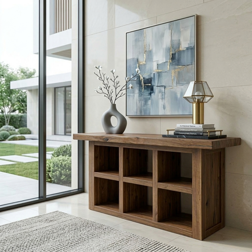 Solid Wood Console Table with Open Cubby Storage – Rustic Modern Entryway Table - view 1 of 7