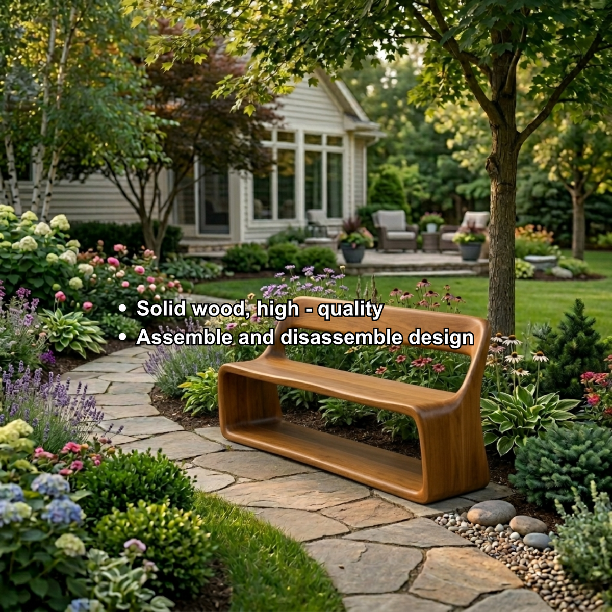 Solid Wood Outdoor Bench with Curved Backrest and Integrated Open Shelf Base - view 5 of 7