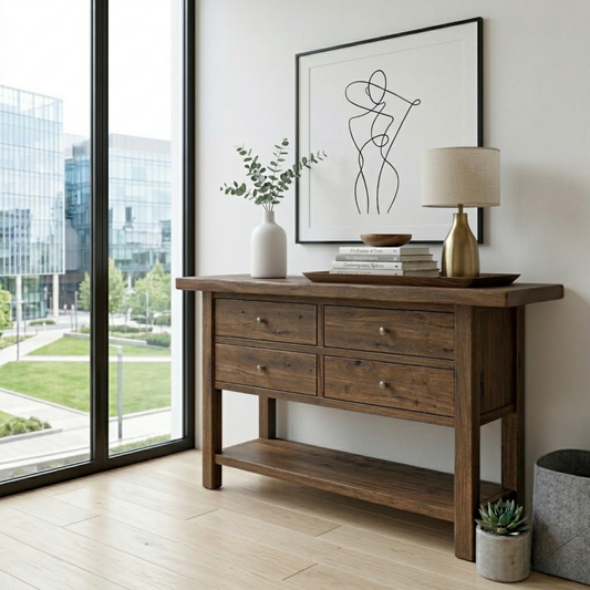 Solid Wood Console Table with 4 Drawers and Shelf – Rustic Entryway Storage Table - view 1 of 7