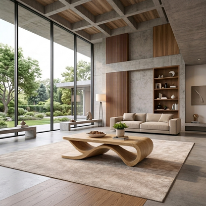 Solid Wood Coffee Table with Wave Sculptural Base – Modern Designer Living Room Table - view 2 of 9