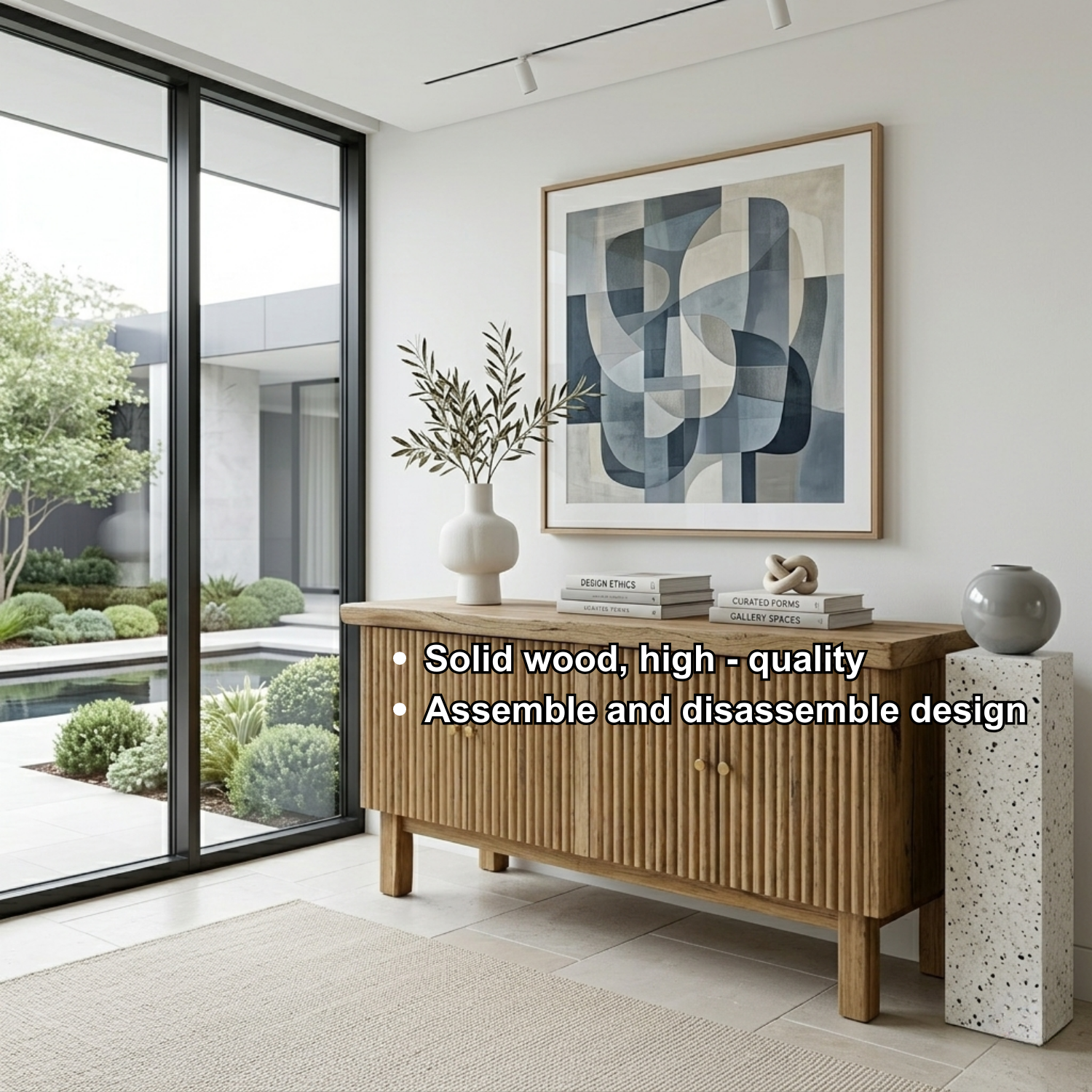 Fluted Solid Wood Console Table with Cabinet – Modern Slatted Entryway Sideboard - view 6 of 7