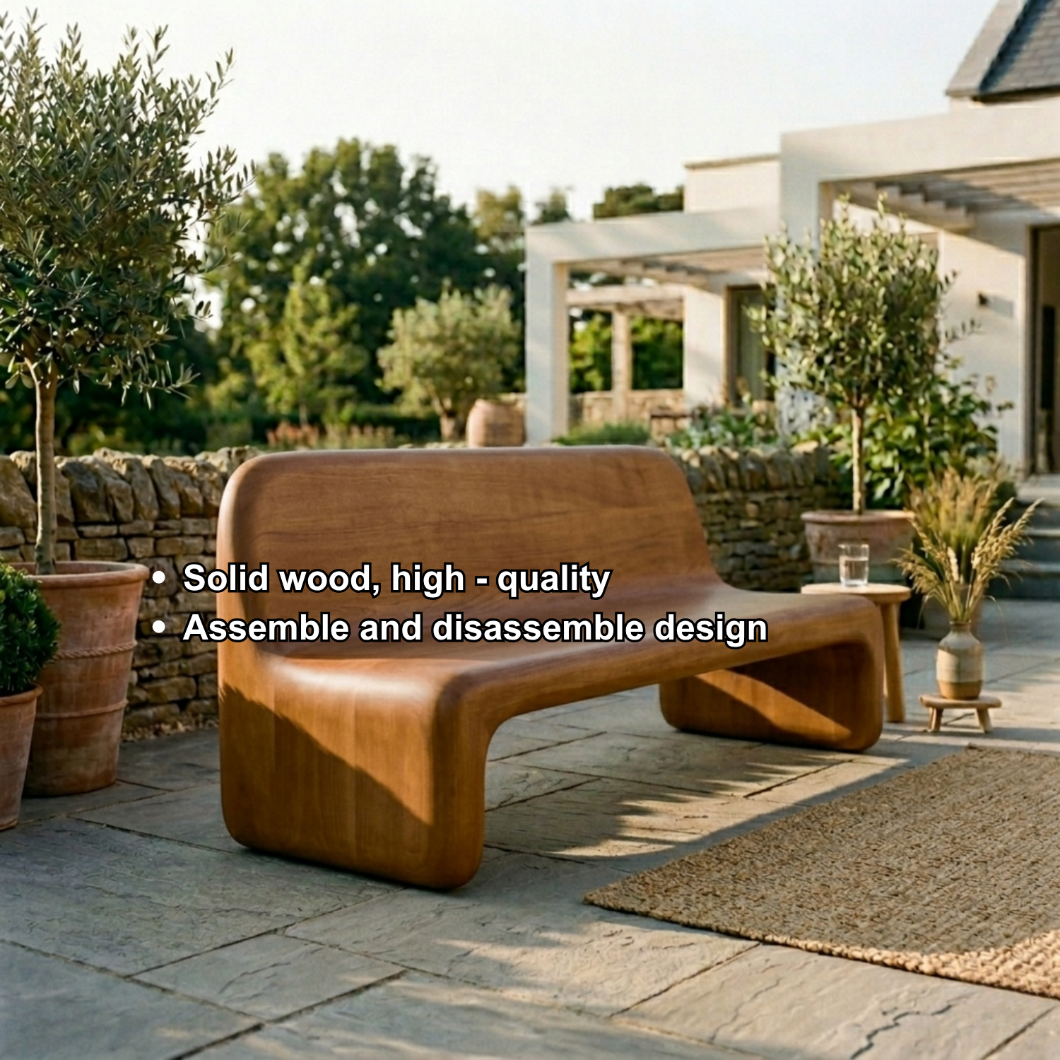 Handcrafted Solid Wood Outdoor Sofa – Sculptural Curved Patio Bench Seat - view 6 of 7