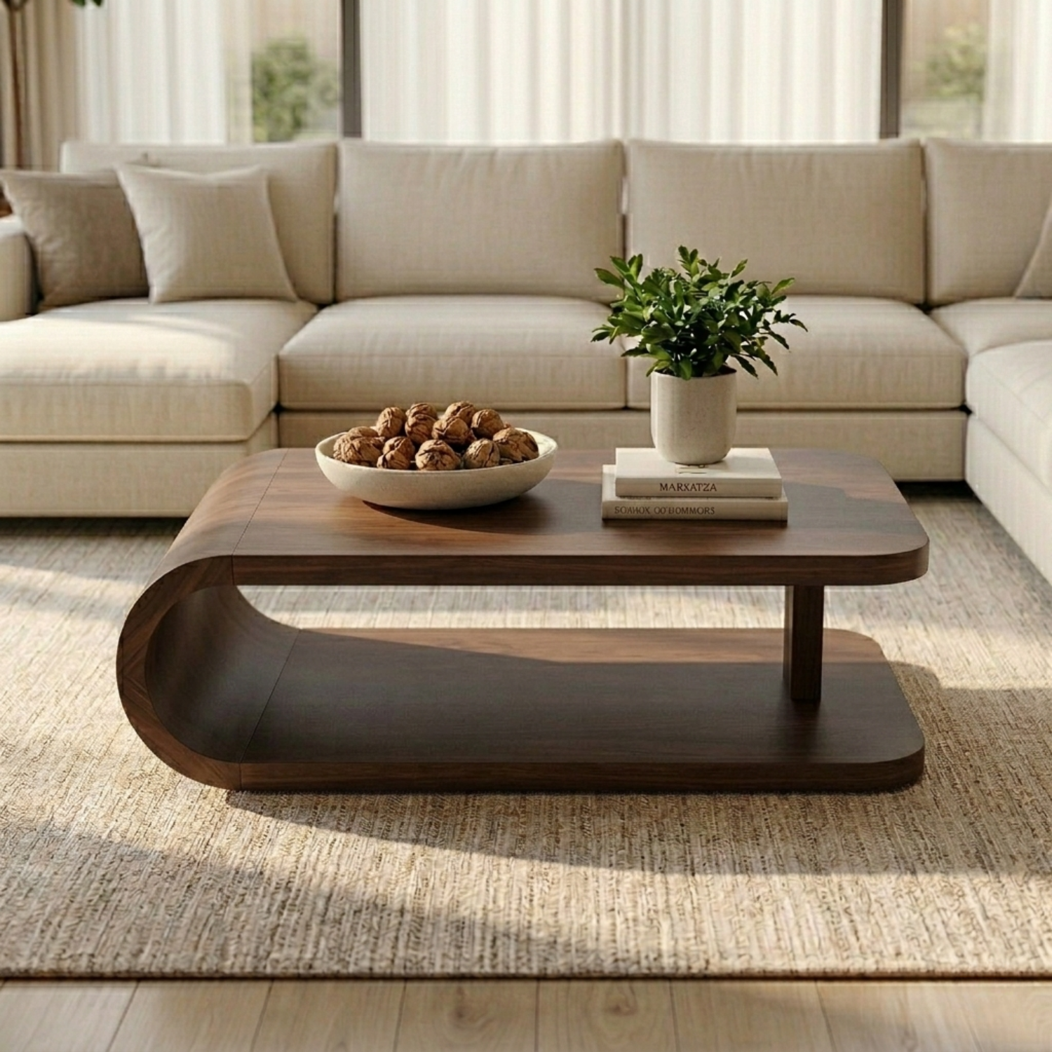 Modern Solid Wood Coffee Table with Curved Base and Storage Shelf for Living Room - view 6 of 10