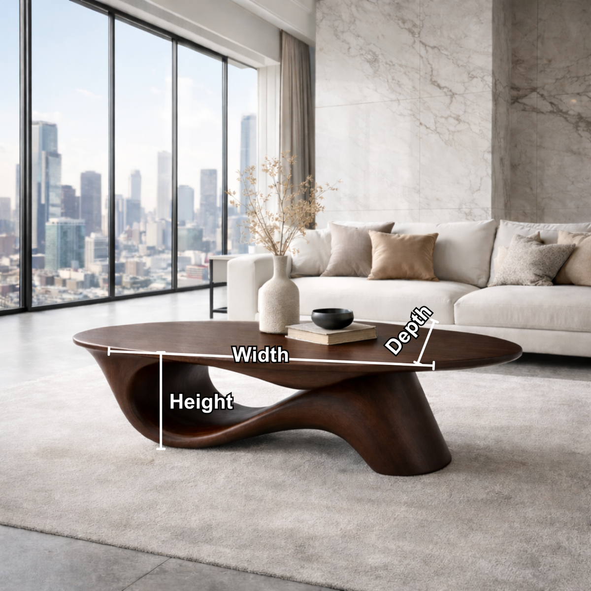 Organic Solid Wood Coffee Table with Sculpted Base – Modern Designer Living Room Table - view 5 of 8