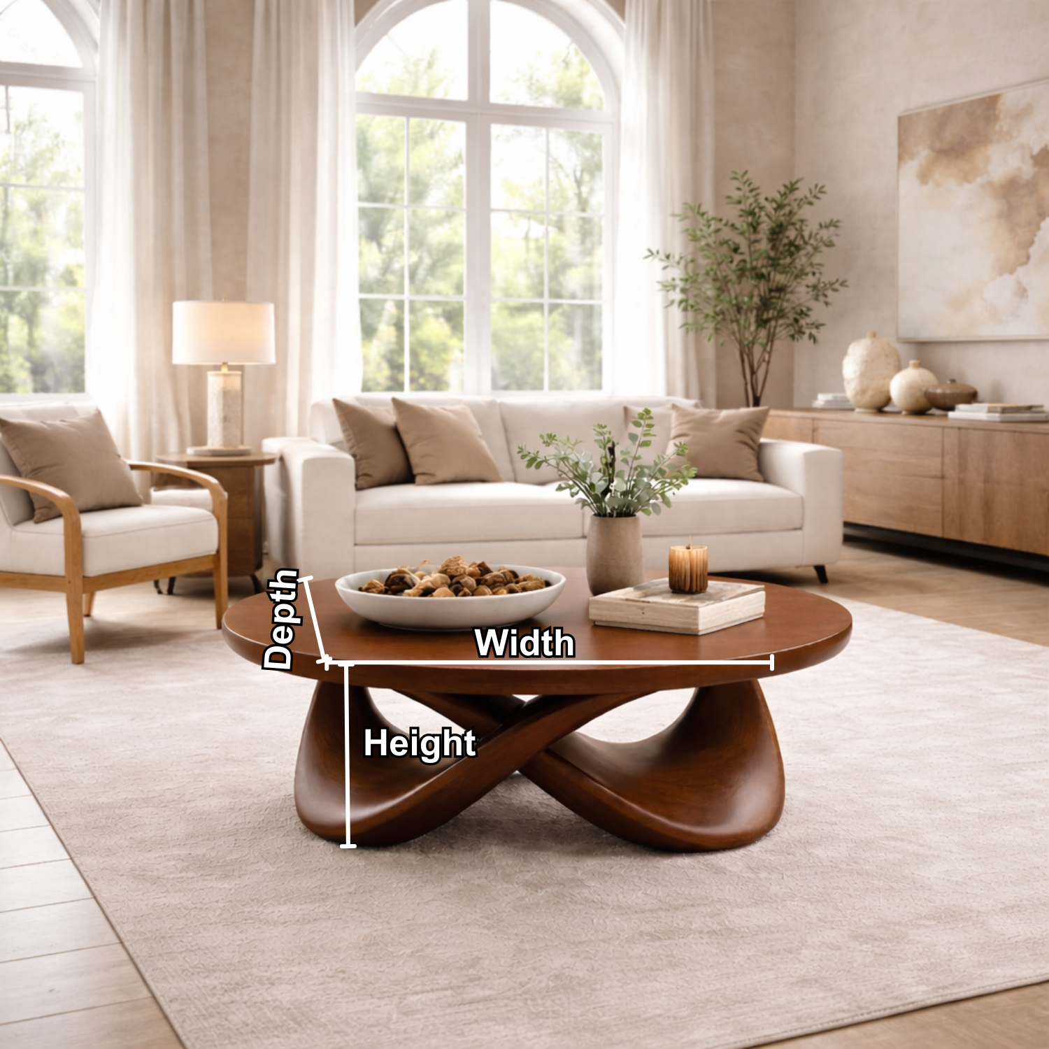 Round Solid Wood Coffee Table with Sculptural Base – Modern Designer Living Room Table - view 7 of 9