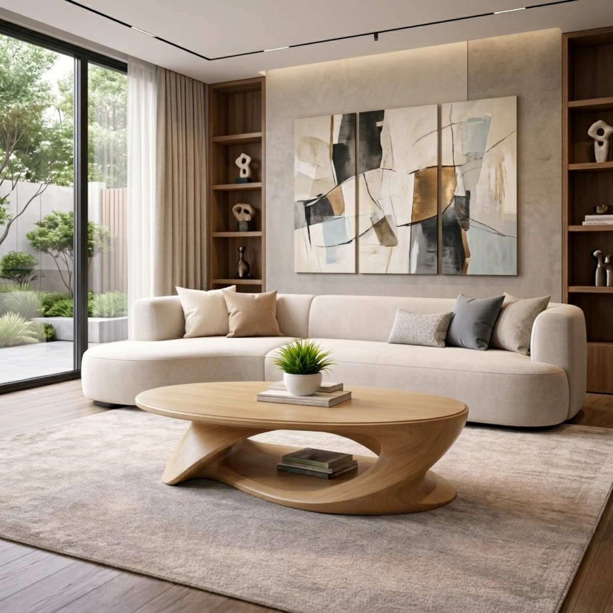 Solid Wood Oval Coffee Table with Sculptural Base – Modern Living Room Center Table - view 4 of 8
