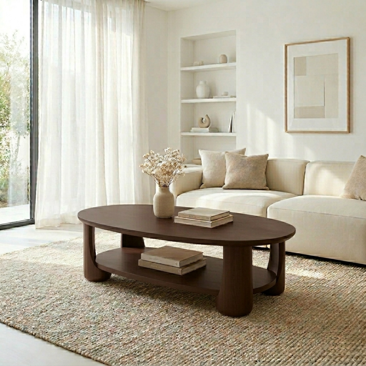 Solid Wood Oval Coffee Table with Shelf – Modern Minimalist Living Room Table - view 4 of 8