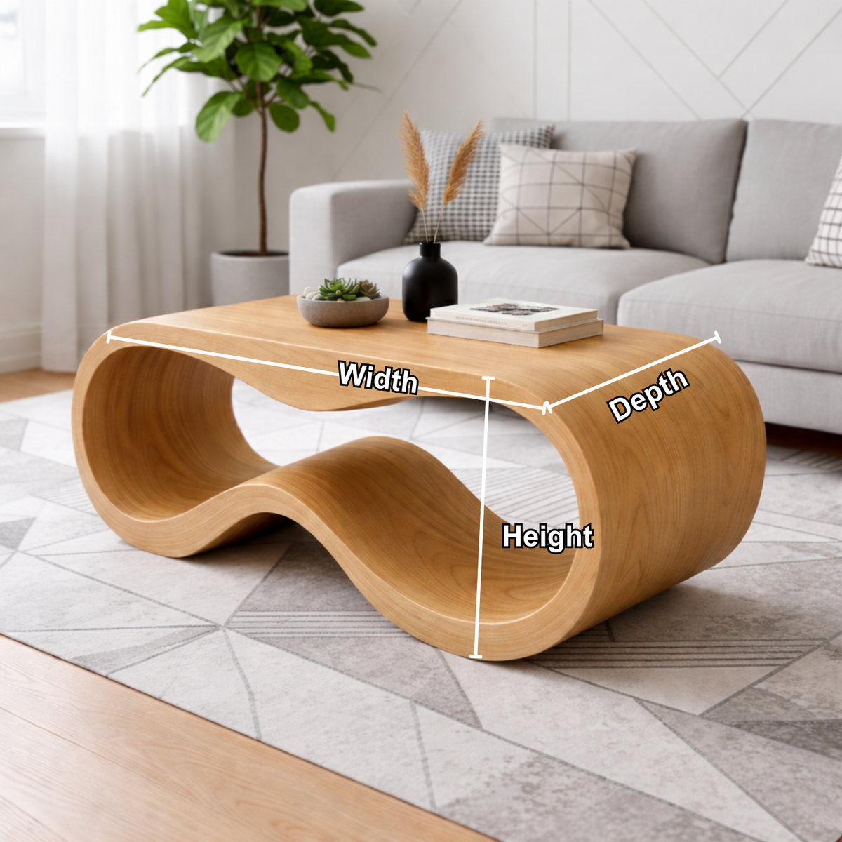 Curved Solid Wood Coffee Table – Modern Sculptural Wave Design Living Room Table - view 7 of 9