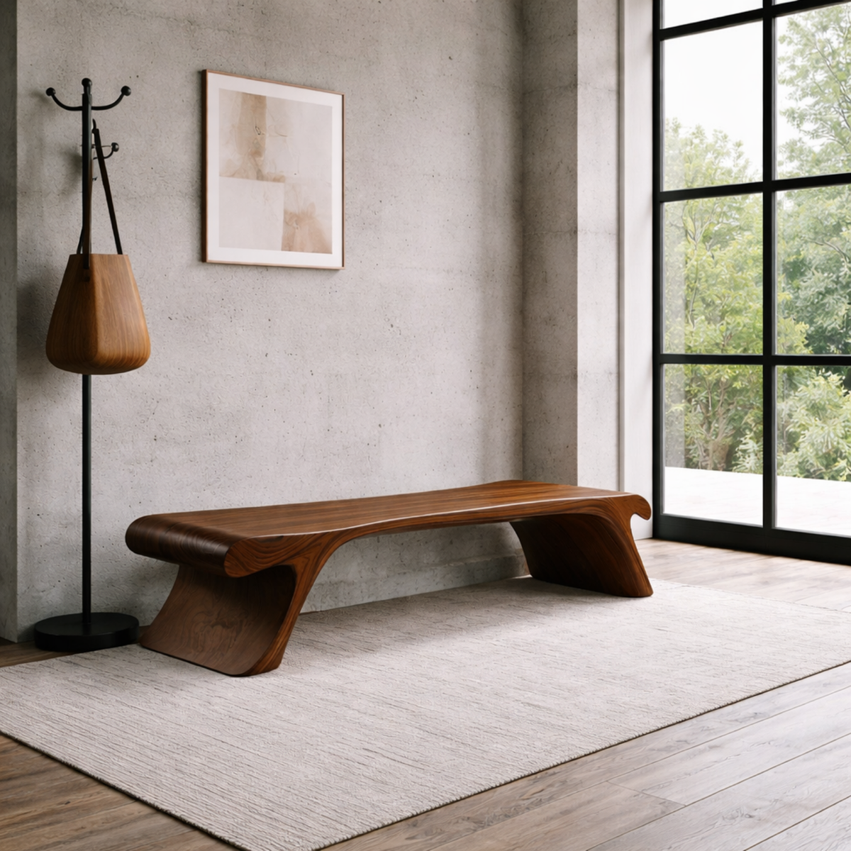 Solid Wood Entryway Bench Low Profile Sculptural Design Modern Minimalist Seating - view 2 of 7