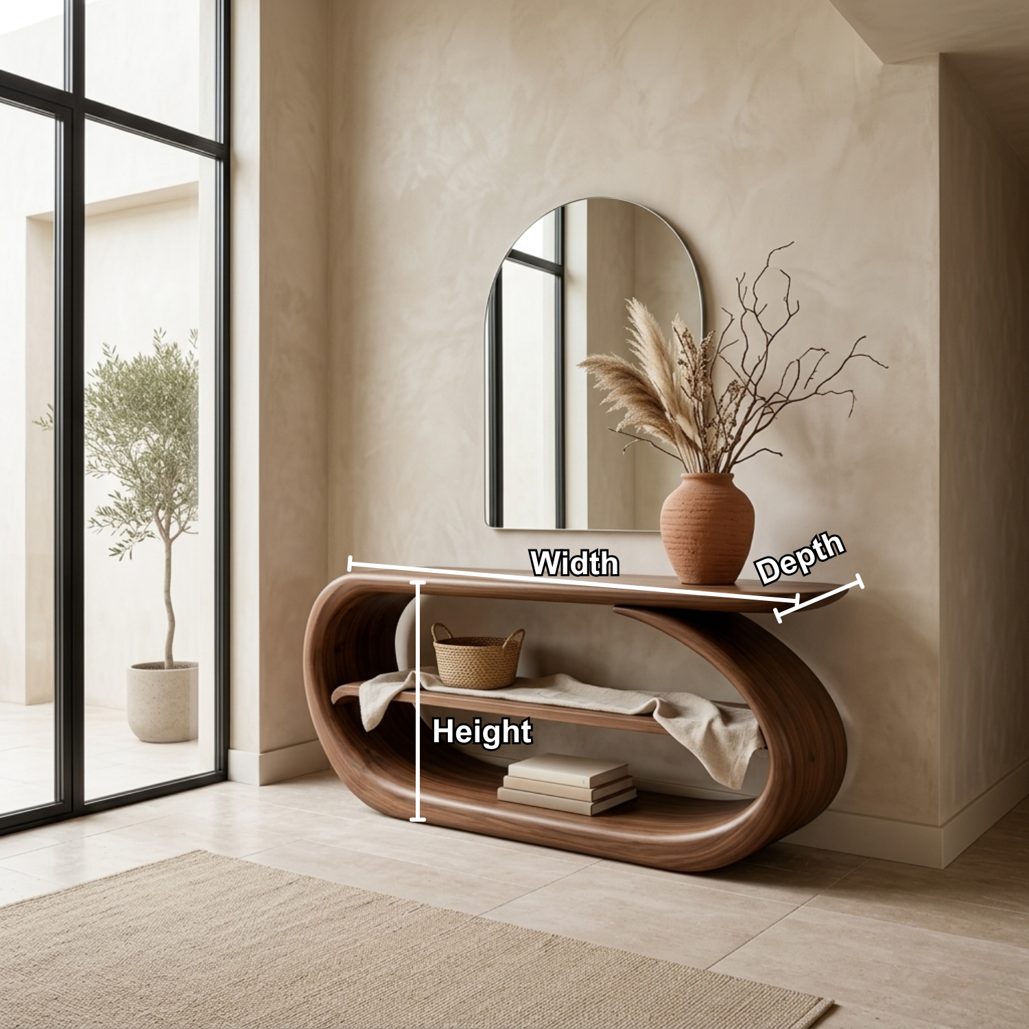 Sculptural Solid Wood Console Table with Curved Base and Shelf – Modern Entryway Table - view 5 of 7