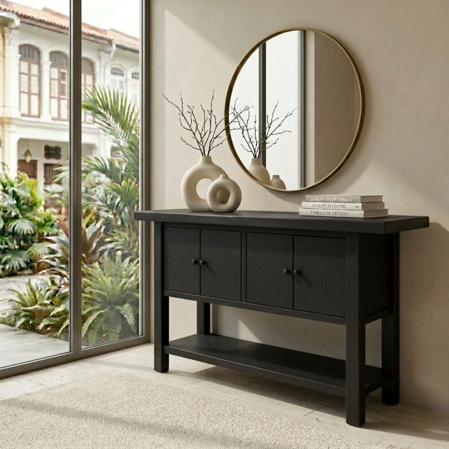 Solid Wood Console Table with Cabinet Doors and Shelf – Rustic Entryway Storage Table - view 4 of 7