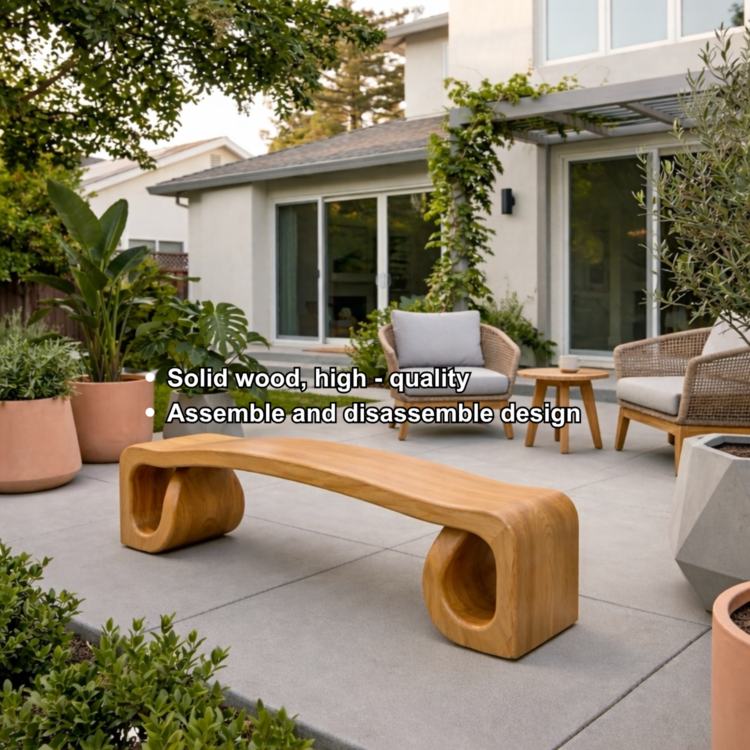 Solid Wood Outdoor Bench with Sculpted Wave Seat and Hollow Base Design - view 6 of 7