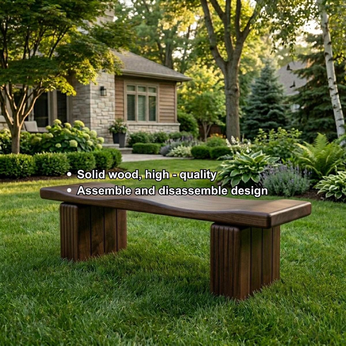 Solid Wood Outdoor Bench with Sculpted Wave Seat and Fluted Block Legs - view 6 of 7