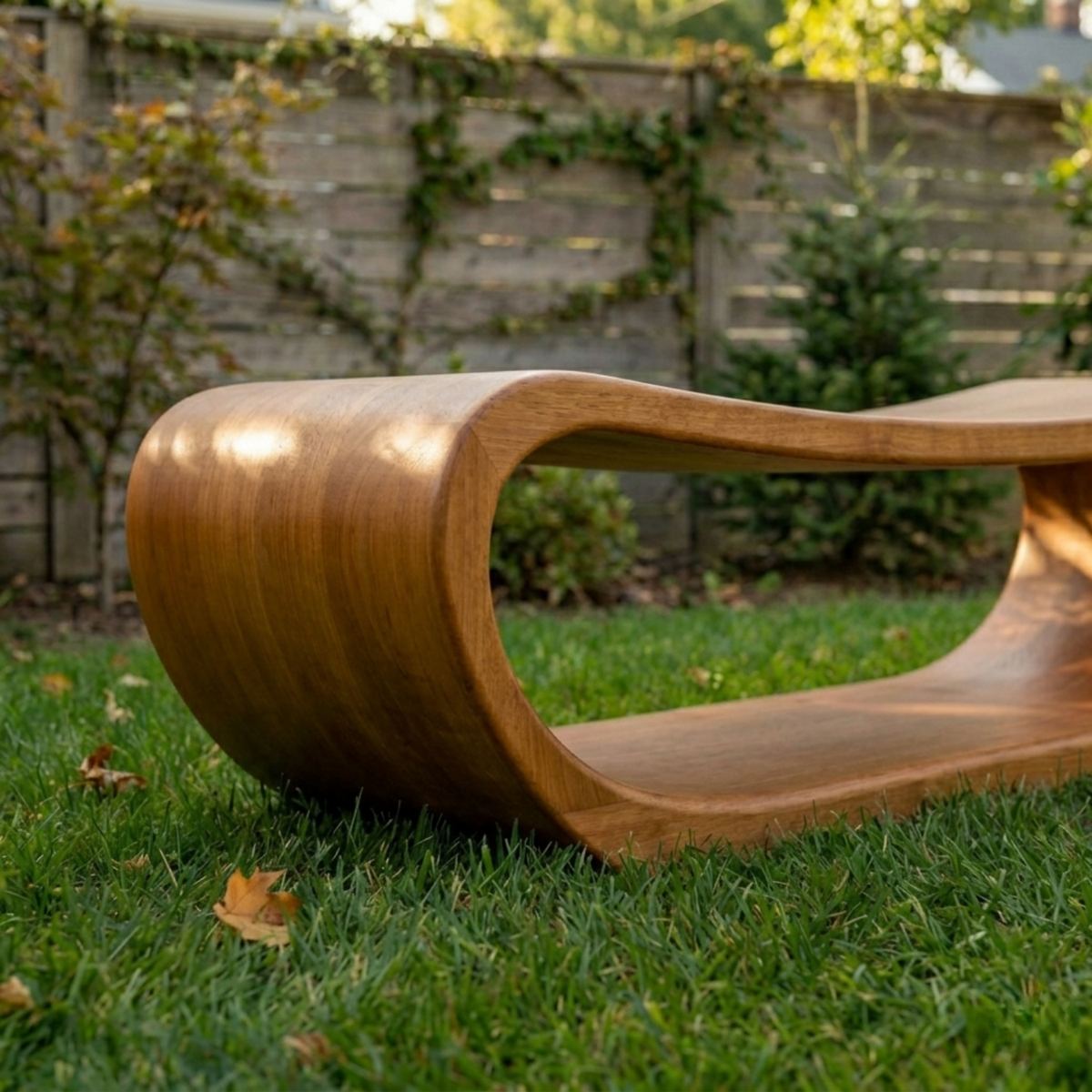Solid Wood Outdoor Bench Curved Hollow Design with Sculptural Loop Base - view 2 of 8