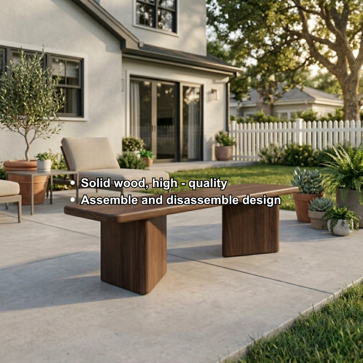 Solid Wood Outdoor Bench Minimalist Slab Seat with Block Leg Base Design - view 6 of 7