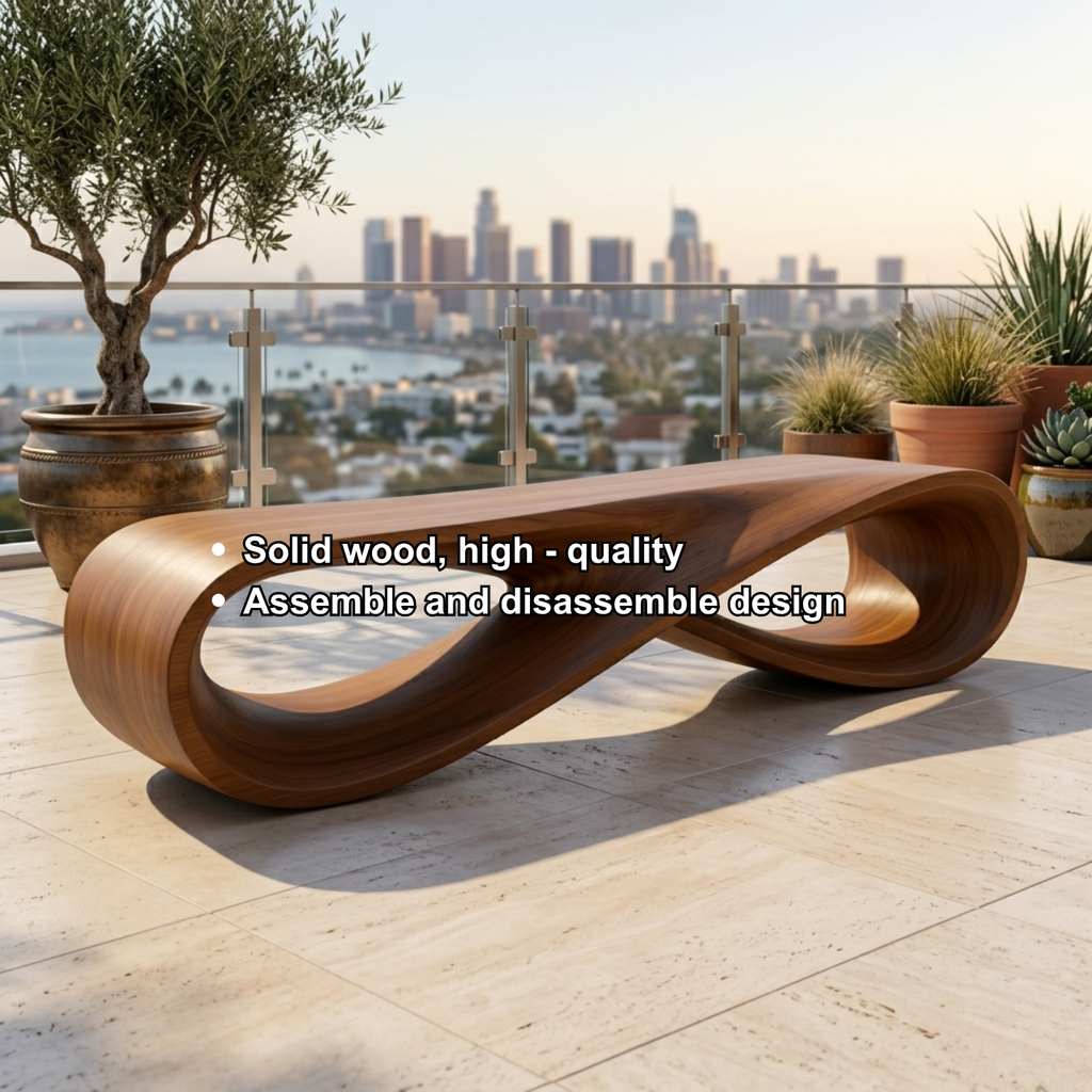 Handcrafted Solid Wood Outdoor Bench – Modern Loop Sculptural Patio Seating - view 6 of 7