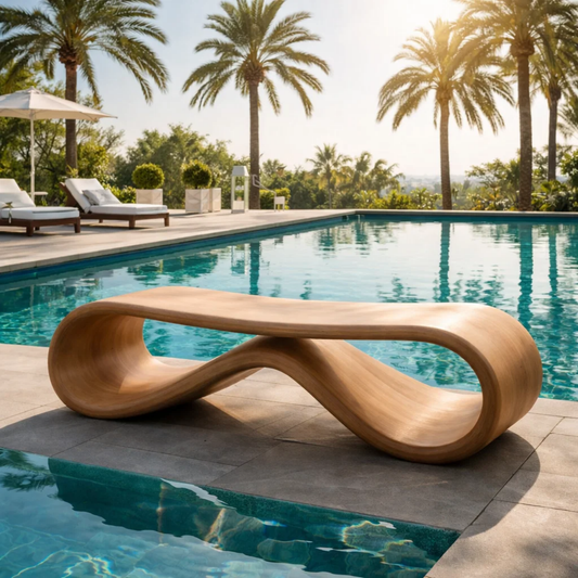 Handcrafted Outdoor Solid Wood Bench Sculptural Wave Form Modern Poolside Seating - view 1 of 7