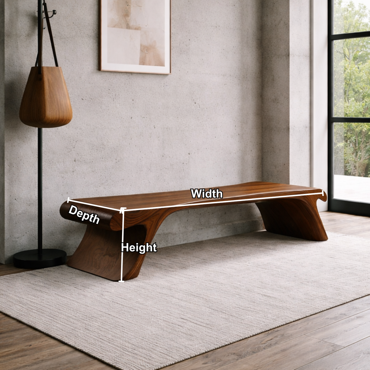 Solid Wood Entryway Bench Low Profile Sculptural Design Modern Minimalist Seating - view 5 of 7