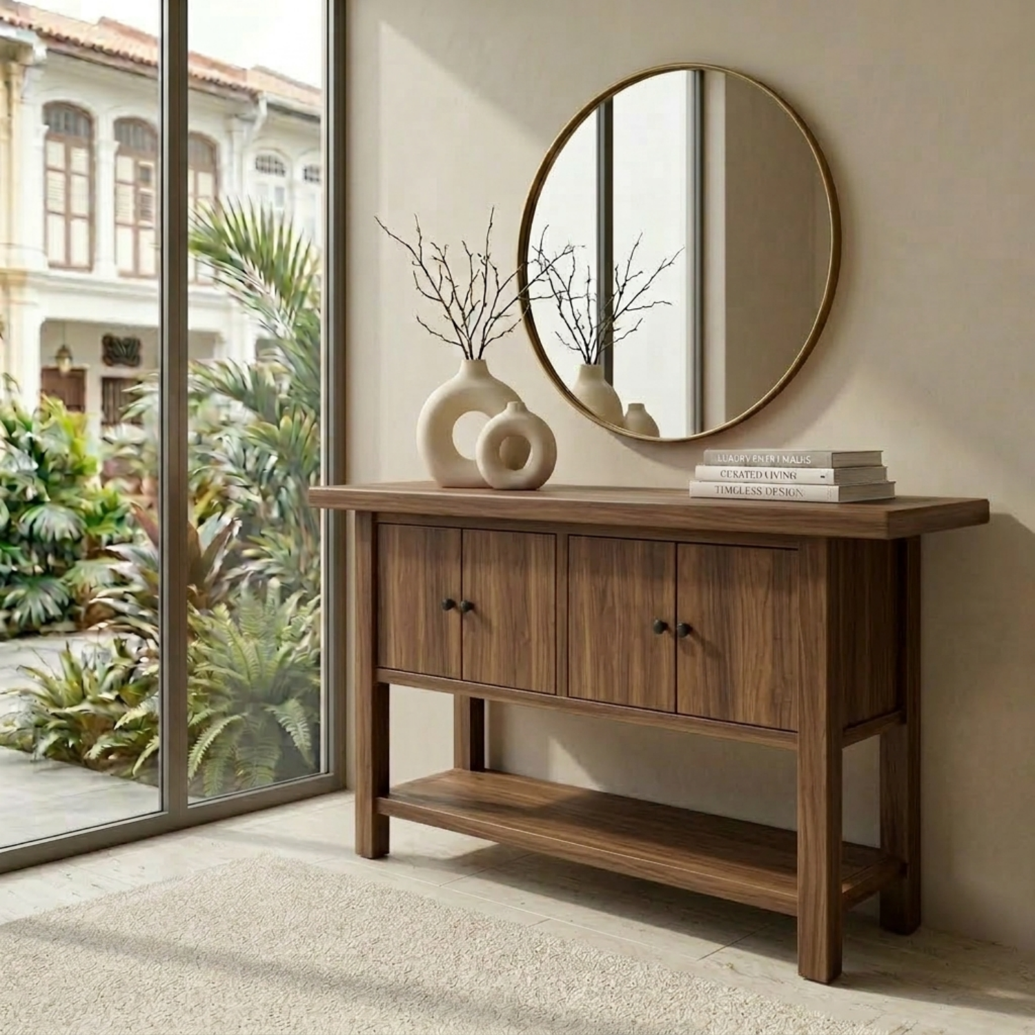 Solid Wood Console Table with Cabinet Doors and Shelf – Rustic Entryway Storage Table - view 2 of 7