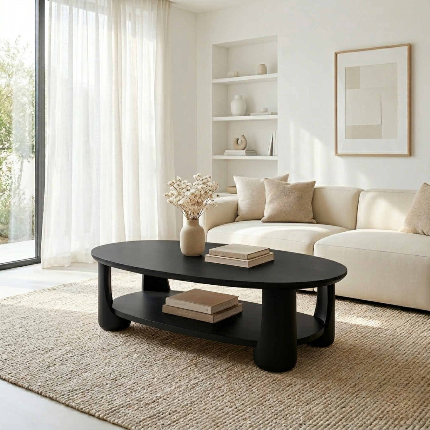 Solid Wood Oval Coffee Table with Shelf – Modern Minimalist Living Room Table - view 3 of 8
