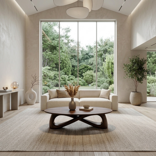 Solid Wood Round Coffee Table with Sculptural Base – Modern Living Room Table - view 1 of 7