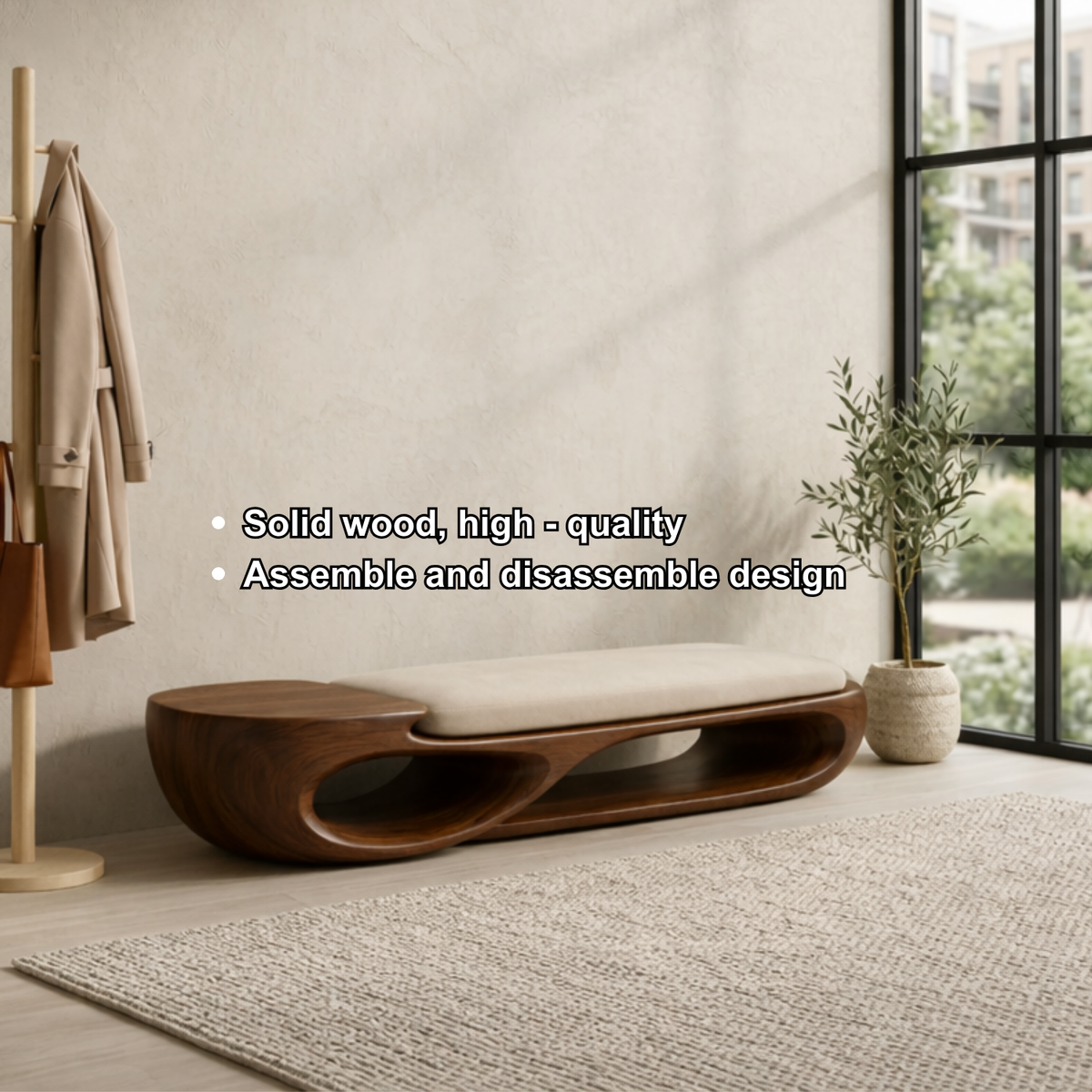 Double Curve Solid Wood Entryway Bench – Sculptural Modern Organic Design - view 7 of 8