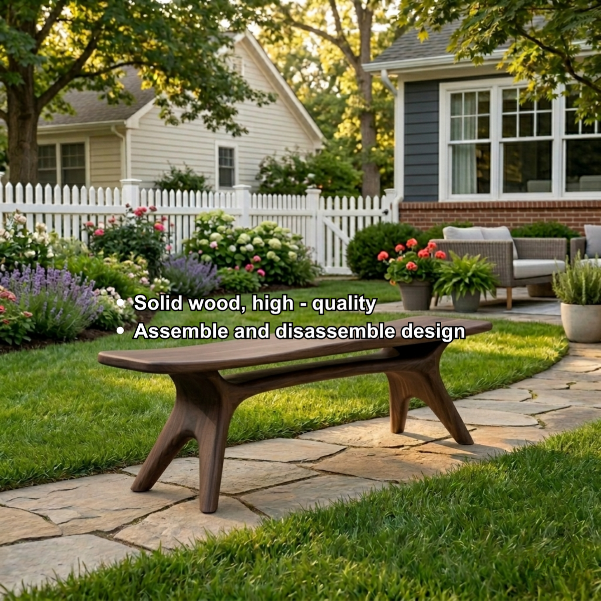 Solid Wood Outdoor Bench with Sculptural Tapered Legs and Floating Seat Design - view 7 of 8