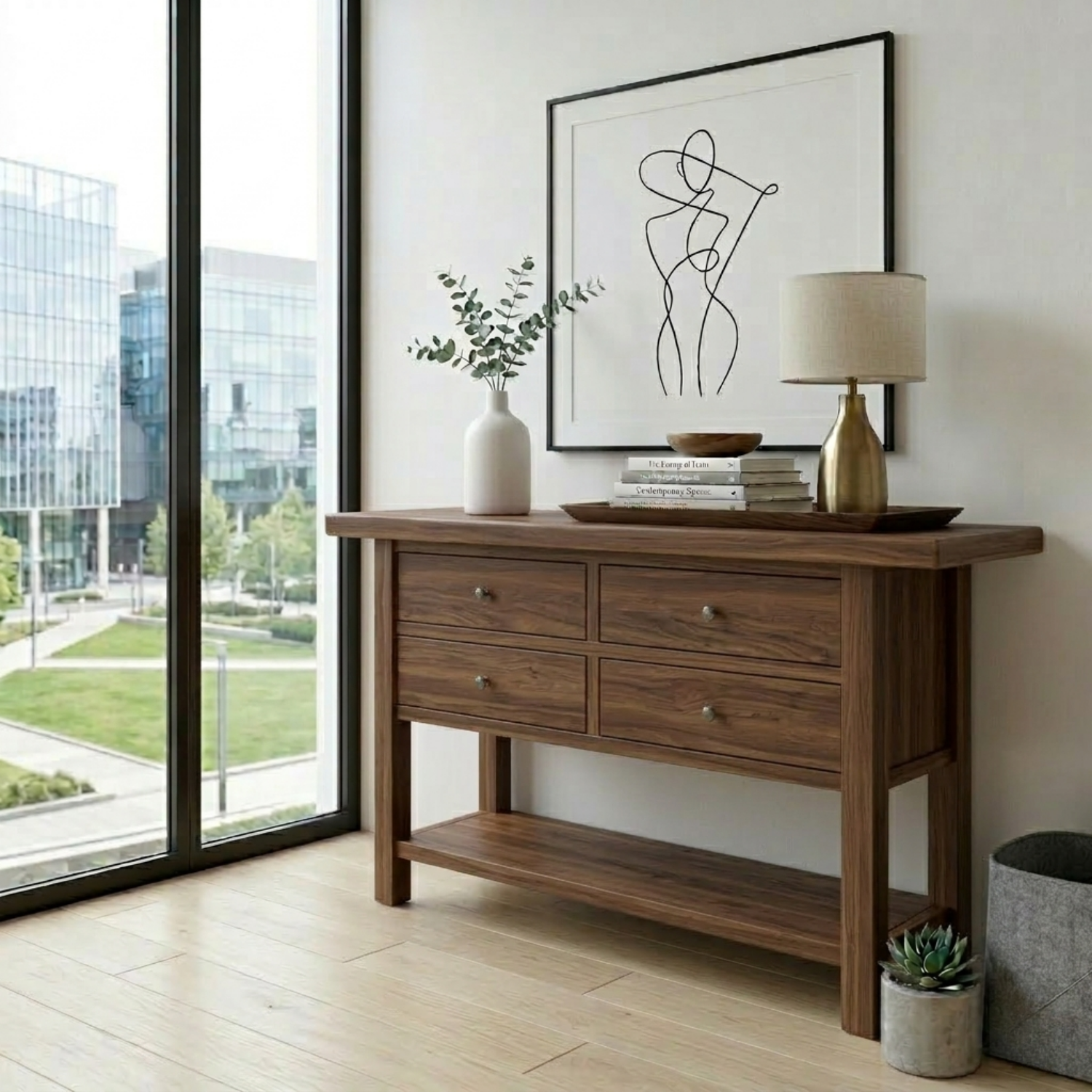 Solid Wood Console Table with 4 Drawers and Shelf – Rustic Entryway Storage Table - view 2 of 7