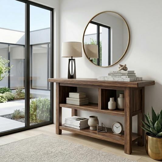 Solid Wood Console Table with Open Shelves – Modern Minimalist Entryway Display Table - view 1 of 7