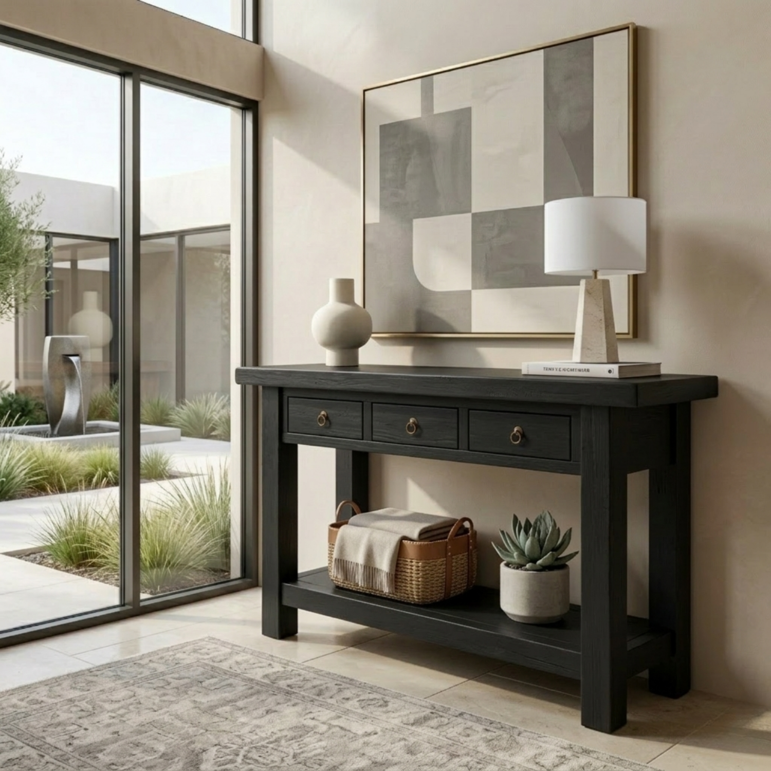 Solid Wood Console Table with Drawers and Shelf – Rustic Farmhouse Entryway Table - view 4 of 7