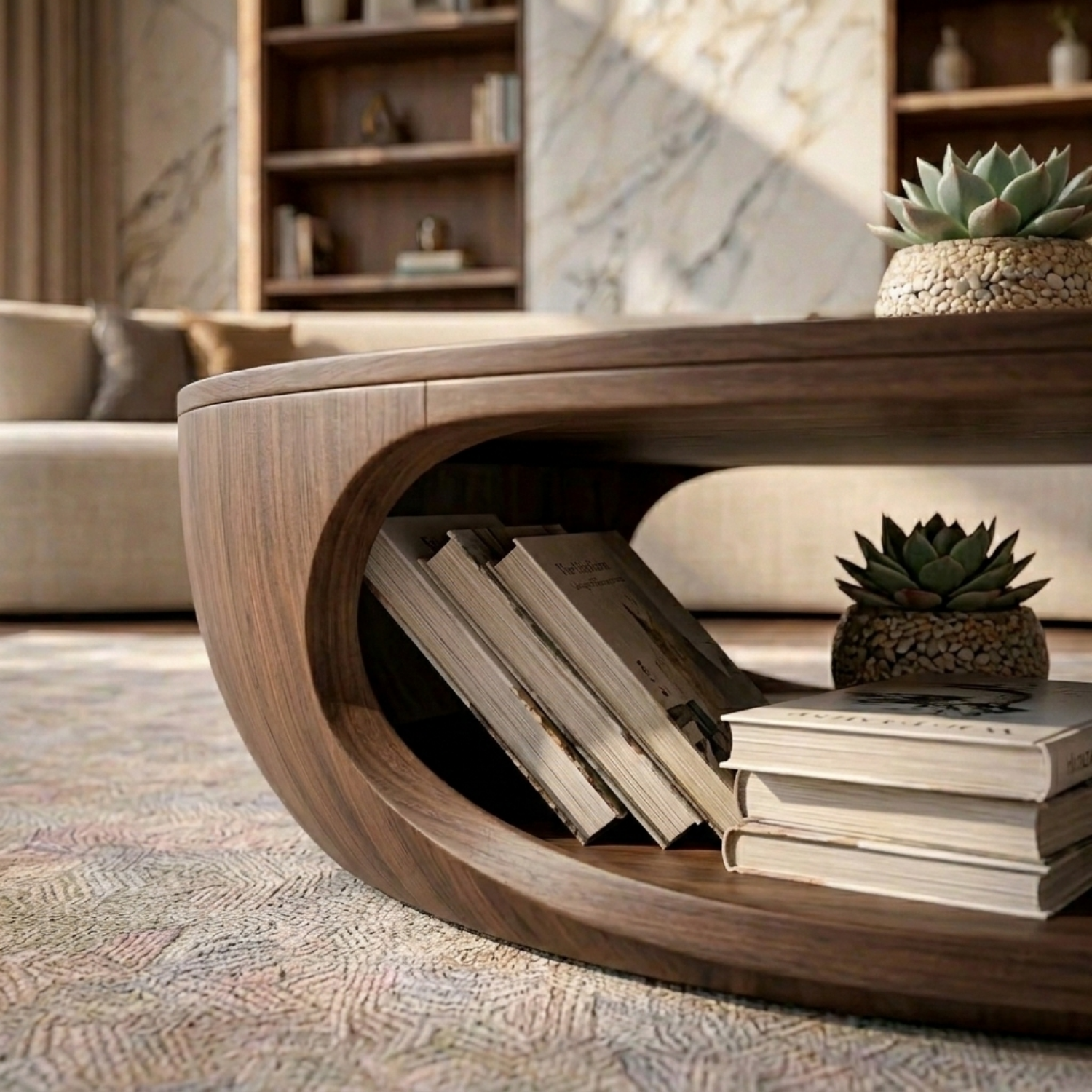 Solid Wood Round Coffee Table with Open Base – Modern Sculptural Living Room Table - view 2 of 8