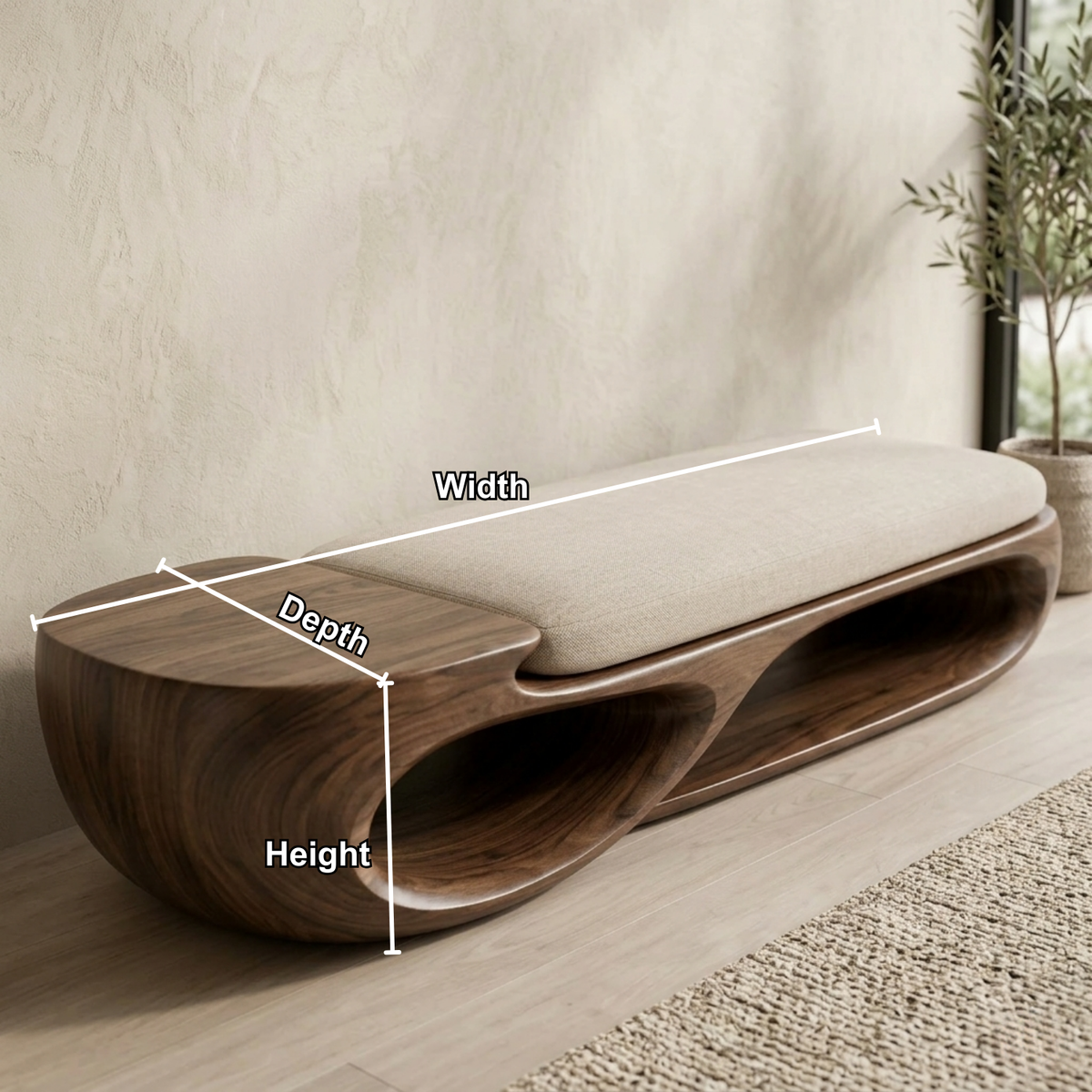 Double Curve Solid Wood Entryway Bench – Sculptural Modern Organic Design - view 6 of 8