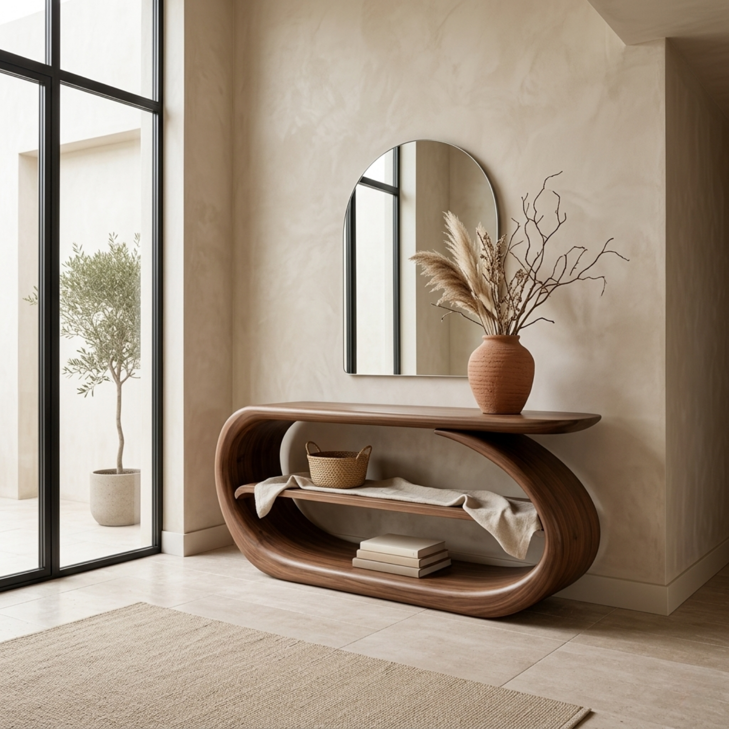 Sculptural Solid Wood Console Table with Curved Base and Shelf – Modern Entryway Table - view 1 of 7