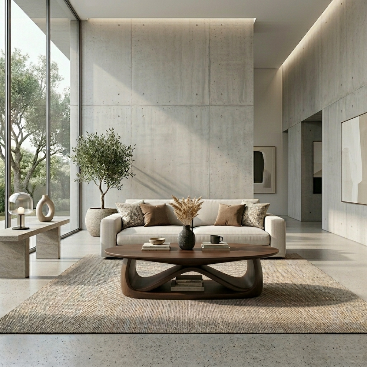 Solid Wood Coffee Table with Sculptural Base – Modern Minimalist Living Room Table - view 3 of 8